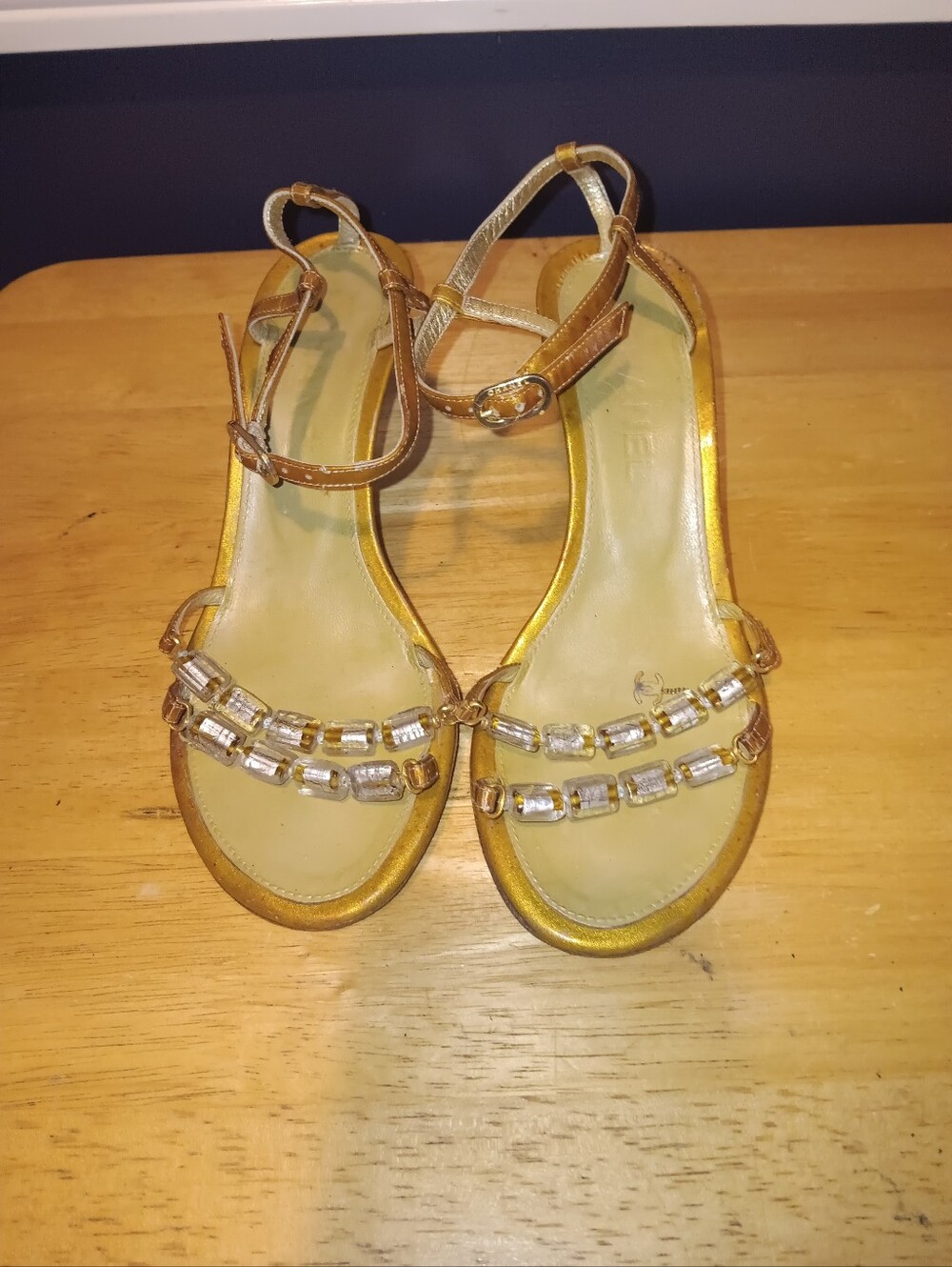 CHANEL CC Gold Metallic Jeweled Ankle Strap Flat Sandals Size 35
